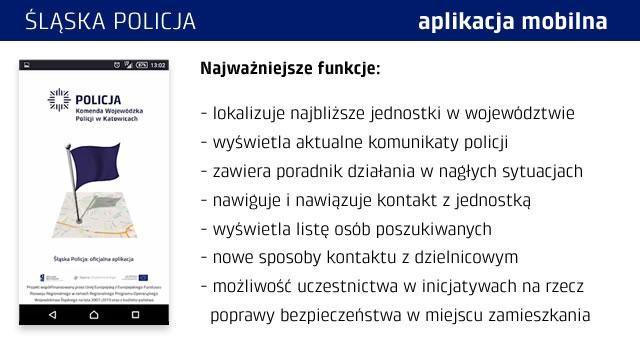 Na zdjęciu plansza wymieniająca wszystkie najważniejsze funkcje i zalety aplikacji Śląska Policja.