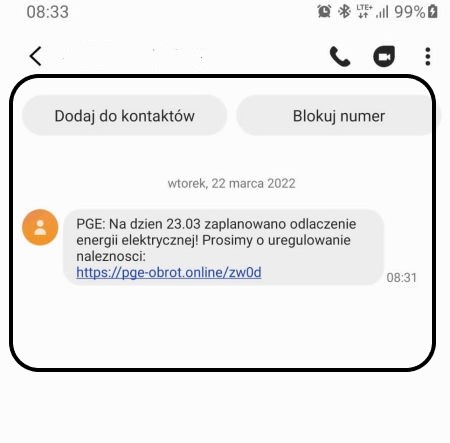 Na zdjęciu przykładowa wiadomość od oszustów, mówiąca o niezapłaconym rachunku za prąd.