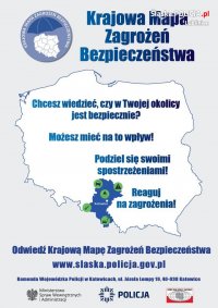 Na zdjęciu plakat promujący Krajową Mapę Zagrożeń Bezpieczeństwa obrazujący mapę Polski a na niej naniesione numery telefonów kontaktowych.