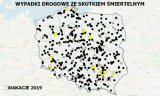 Na zdjęciu mapa Polski z naniesionymi wypadkami drogowymi.