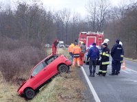 Na zdjęciu widoczny czerwony samochód osobowy w przydrożnym rowie.