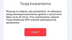 Na zdjęciu widoczny ekran telefonu komórkowego z wyświetlanym komunikatem o działającej aplikacji Kwarantanna domowa.