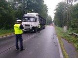 Zdjęcie przedstawia policjanta stojącego na jezdni na tle pojazdu ciężarowego.