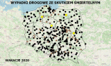 Na zdjęciu mapa Polski z naniesionymi miejscami wypadków śmiertelnych.