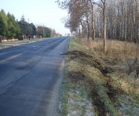 Na zdjęciu widoczny odcinek drogi w Kochanowicach i ślady na poboczu po wypadnięciu z drogi samochodu.