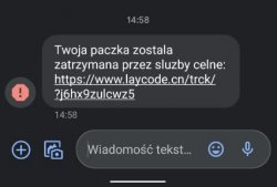 Na zdjęciu widok ekranu telefonu komórkowego z tekstem wiadomości od oszusta.