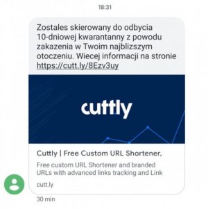 Na zdjęciu wiadomość tekstowa rozyłana przez przestępców.