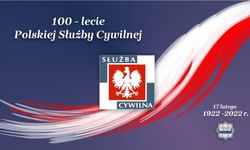 Na zdjęciu polska flaga , godło i napis 100-lecie Służby Cywilnej.