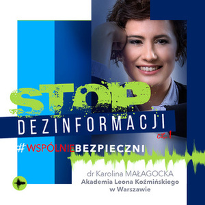 Na zdjęciu twarz uśmiechniętej kobiety i napis &quot;Stop Dezinformacji&quot;.