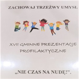 Na zdjęciu logo XVII Gminnych Prezentacji Profilaktycznych , rysunek przedstawiający grupę dzieci w trakcie zabawy.