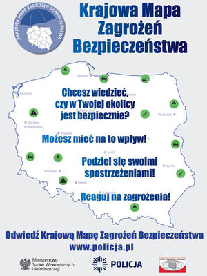 Na zdjęciu mapa Polski z naniesionymi zagrożeniami w postaci zielonych punktów, do góry logo Krajowej Mapy Zagrożeń Bezpieczeństwa.