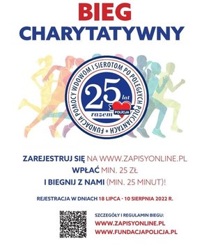 Na zdjęciu plakat promujący bieg charytatywny, narysowane dwie sylwetki biegnących osób w różnych kolorach.