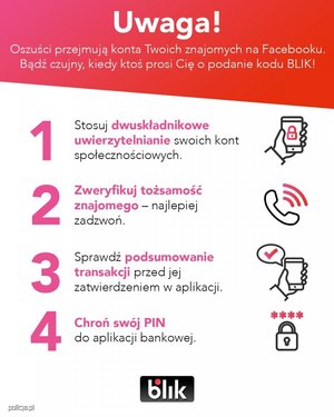 Na zdjęciu grafika z wypisanymi zasadami bezpieczeństwa i radami jak nie paść ofiarą oszustów na BLIK.