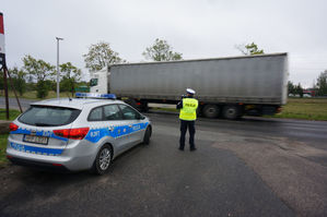 Na zdjęciu policjant w trakcie kontroli na drodze.