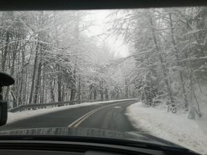 Na zdjęciu widoczna droga, ośnieżone pobocza oraz drzewa pokryte śniegiem.