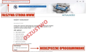 Na zdjęciu widoczna strona internetowa z napisem oszustwo, fałszywa stronna.www, niebezpieczne oprogramowanie.