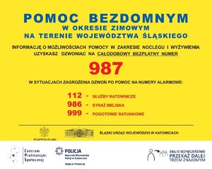 Na zdjęciu widoczna informacja dotycząca pomocy osobom bezdomnym oraz nr tel. 987  i inne numery alarmowe służb.