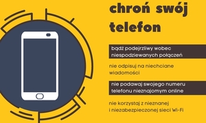 Na zdjęciu widoczny telefon komórkowy na żółtym tle z napisem Internetowi oszuści nie śpią.