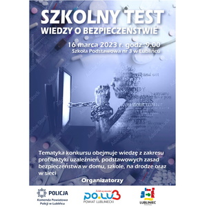 Na zdjęciu widoczne dłonie mężczyzny przykute łańcuchem do ekranu komputera, Napis Szkolny Test Wiedzy o Bezpieczeństwie.