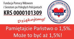 Na zdjęciu widoczny KRS i numer konta bankowego. Widoczny jest napis &quot;Pamiętajcie Państwo o 1,5%, może to być aż 1,5%!&quot;