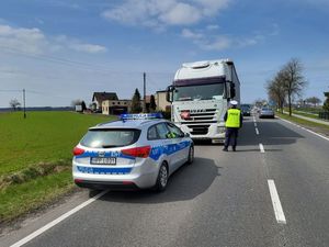 na zdjęciu widoczny jest umundurowany policjant w kamizelce odblaskowej kontrolujący samochód ciężarowy