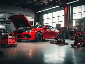 na zdjęciu widoczne jest czerwone sportowe auto stojące w dużym w pełni wyposażonym warsztacie samochodowym , widoczne są również narzędzia