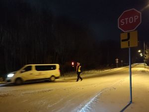 na zdjęciu widoczny jest umundurowany policjant z czerwona latarka zatrzymujący białego busa