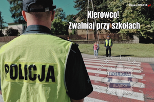 Na zdjęciu umundurowany policjant stojący obok przejścia dla pieszych.