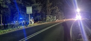 na zdjęciu widoczny jest łuk drogi oraz światła  na dachu oznakowanego radiowozu