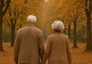 Na zdjęciu spacerujący seniorzy.