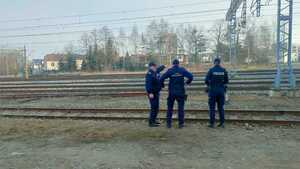 trzech umundurowanych funkcjonariuszy w tym służby ochrony kolei i policjant stojących przy torach kolejowych