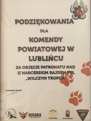 podziękowania dla komendy powiatowej policji w Lublińcu za objęcie patronatem II harcerskiego rajdu PRL wilczym tropem