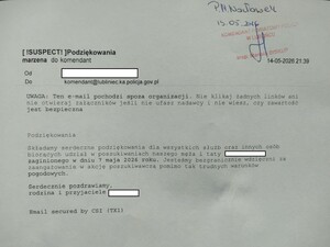 podziękowania dla wszystkich służb oraz osób zaangażowanych w udział poszukiwań zaginionego mężczyzny w dniu7 maja od rodziny zaginionego, który został szczęśliwie odnaleziony