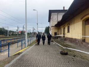 trzech umundurowanych funkcjonariuszy jeden policjant i dwóch z Straży Ochrony Kolei w tle tory i dworzec