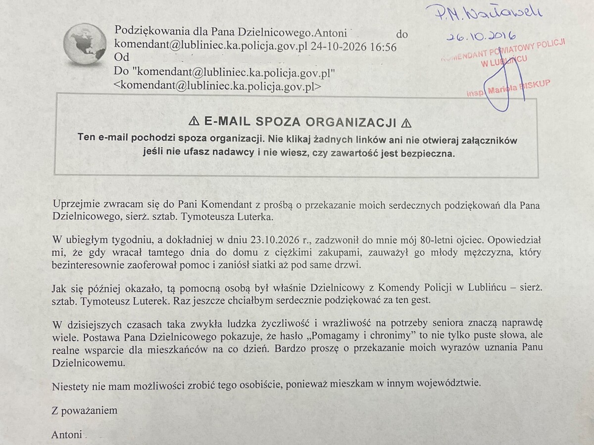 Podziękowania dla dzielnicowego z Lublińca